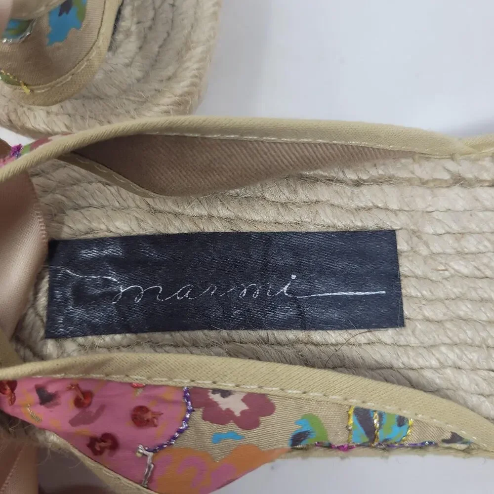 Marmi Sandals 10 Floral Espadrille Sequin Ribbon Tie Wedge Boho Floral Summer